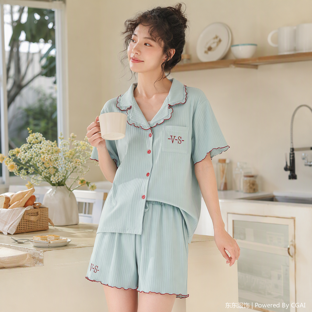 Comfortable and casual light blue striped pajama set, soft and breathable, men's and women's home wear and sleep wear summer new arrivals details Picture