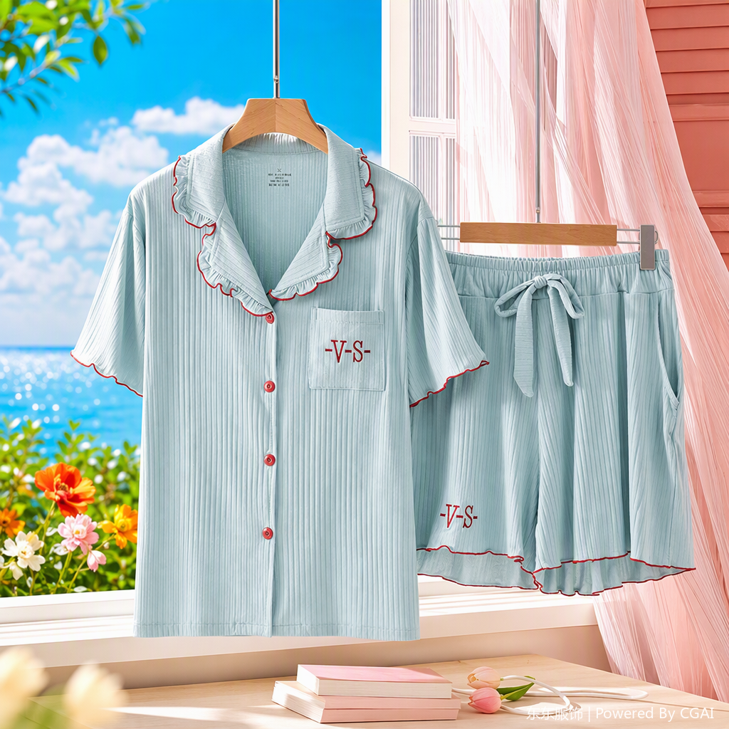 Comfortable and casual light blue striped pajama set, soft and breathable, men's and women's home wear and sleep wear summer new arrivals Specification image