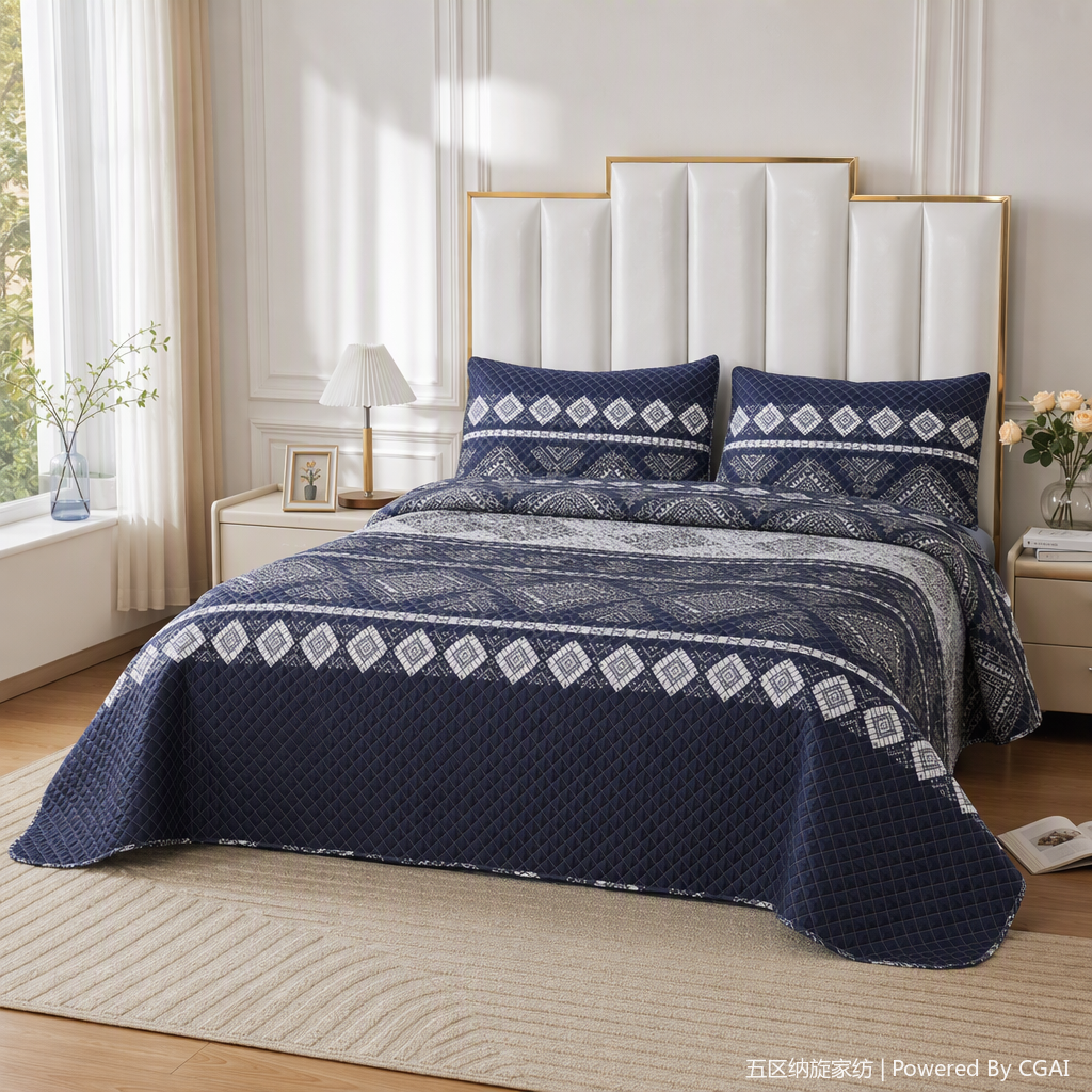 Dark blue geometric pattern wedding bedding set of four pieces, milk silk fabric quilt cover, bedding, plush decoration details Picture