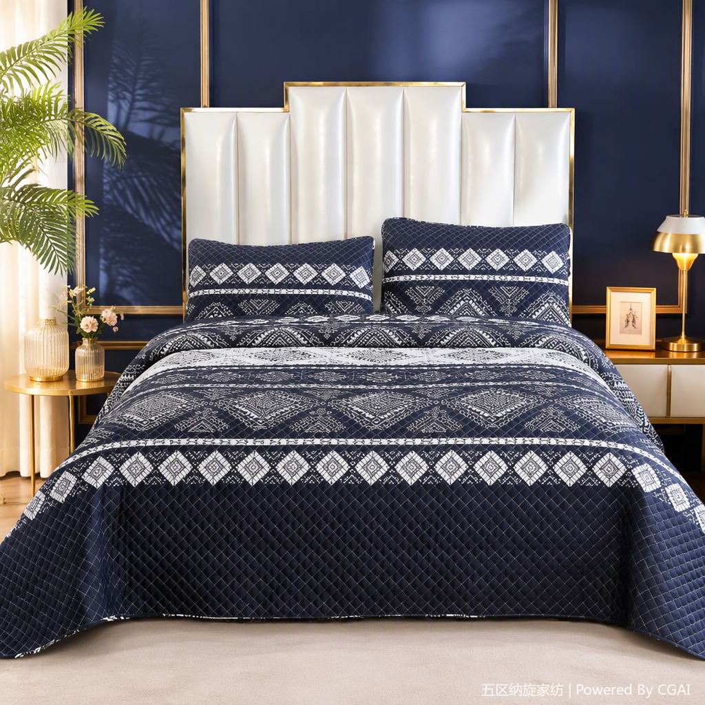 Dark blue geometric pattern wedding bedding set of four pieces, milk silk fabric quilt cover, bedding, plush decoration Specification image