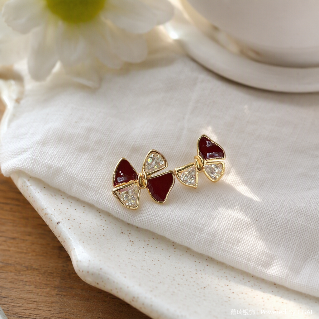 Mucci joyas de plata S925 esmalte rojo con diamantes lazo de novia aretes moda versátil para mujeres orejeras regalos recomendar details Picture