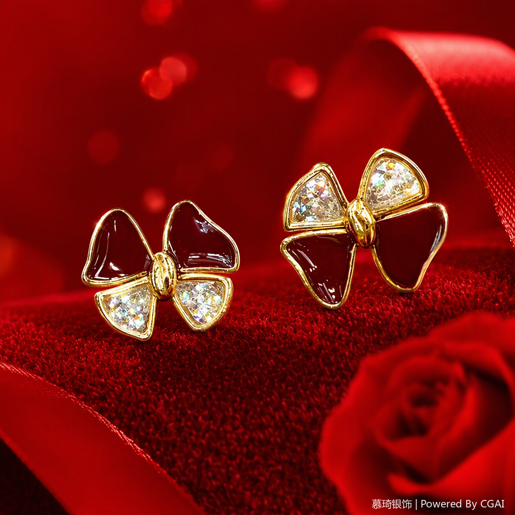 Mucci joyas de plata S925 esmalte rojo con diamantes lazo de novia aretes moda versátil para mujeres orejeras regalos recomendar Specification image