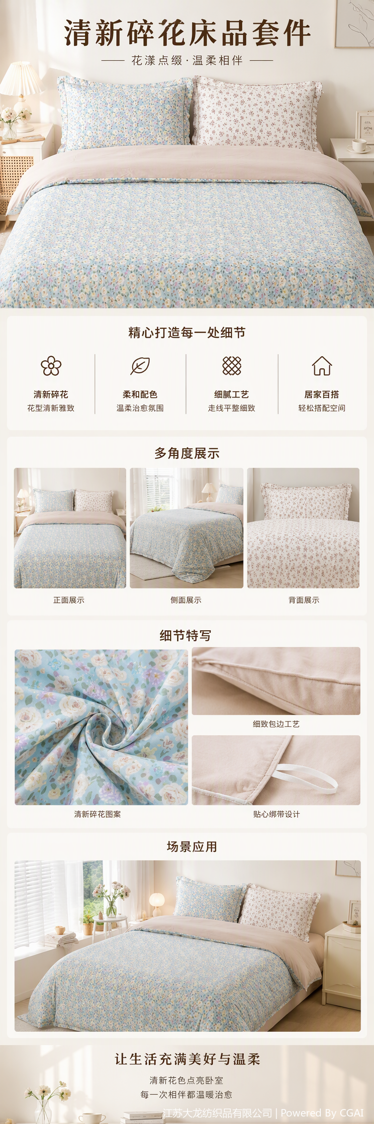 Light blue background floral pattern bedding set, soft and comfortable pure cotton bed sheet, duvet cover, bedspread set, bedroom home textile products pic 1