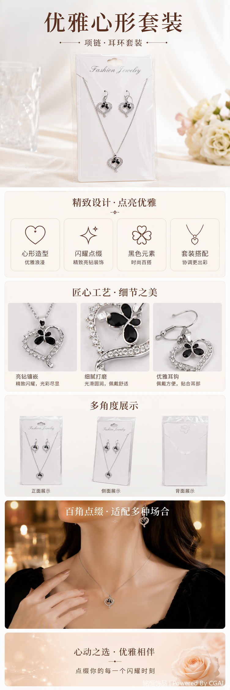 银色心形四叶草吊坠项链耳环套装时尚珠宝配饰情侣款礼品赠送详情1