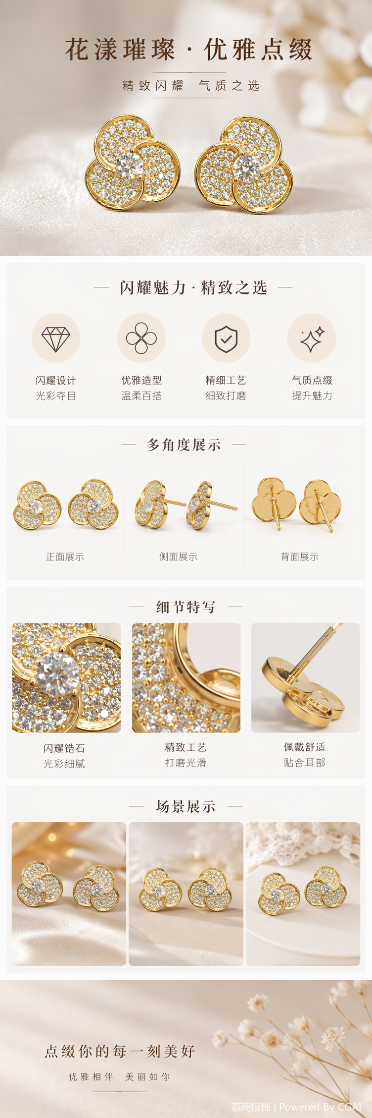 Moda oro con diamantes tres pétalos de forma de flor simple y versátil orejeras moda femenina orejeras pic 1