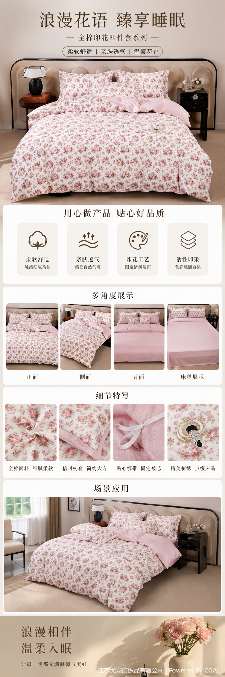 Pink floral pattern four-piece bedding set, soft and comfortable pure cotton bedding set, warm bedroom decoration, bed sheet, duvet cover and pillowcase combination pic 1