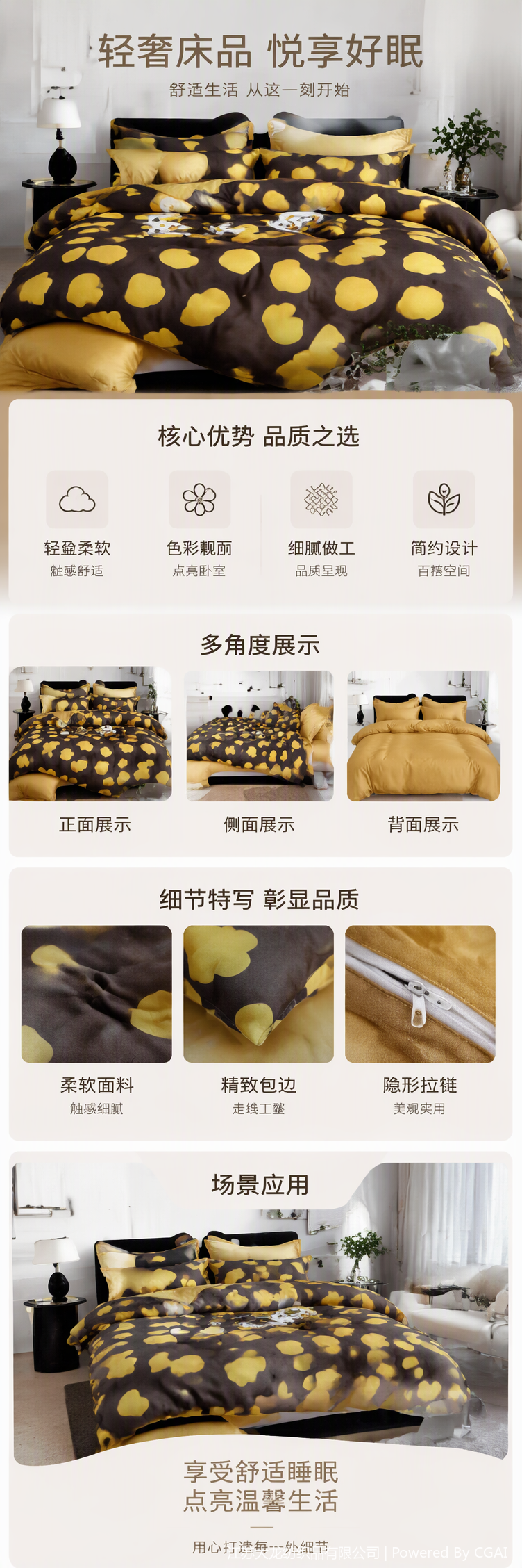 A four-piece bedding set with a grey background and yellow heart-shaped pattern, a warm and comfortable home bedding combination pic 1