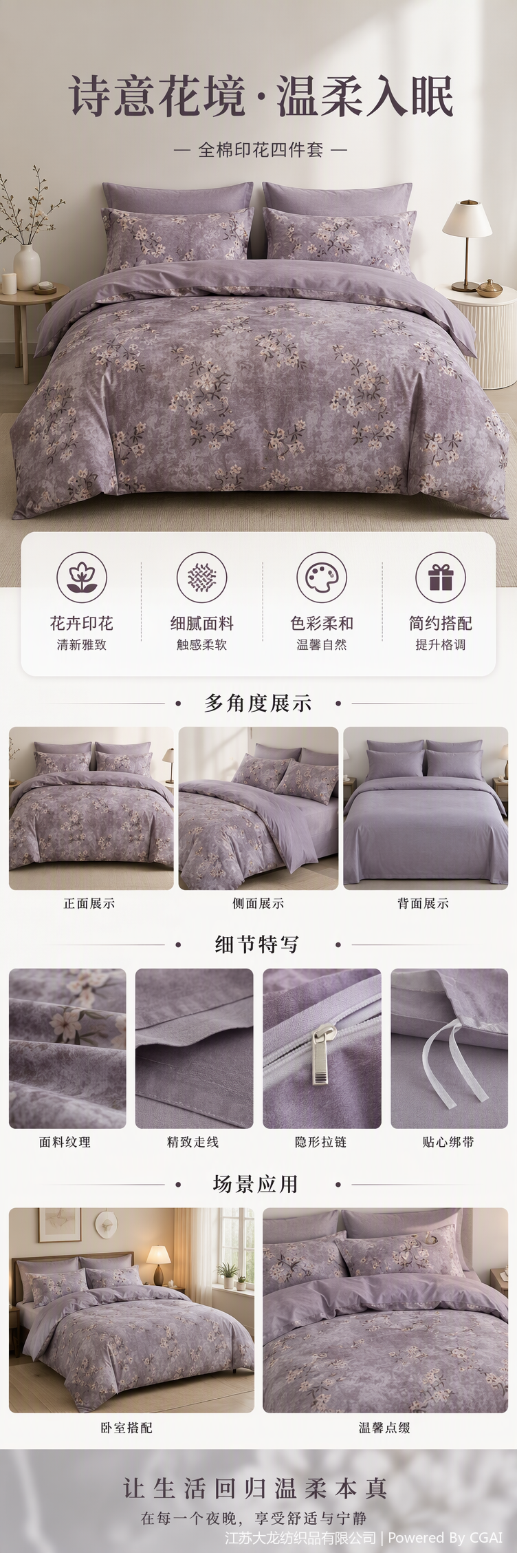 Elegant grey floral pattern four-piece bedding set, simple and fashionable bedding, home bedspread, bed sheet and duvet cover combination pic 1