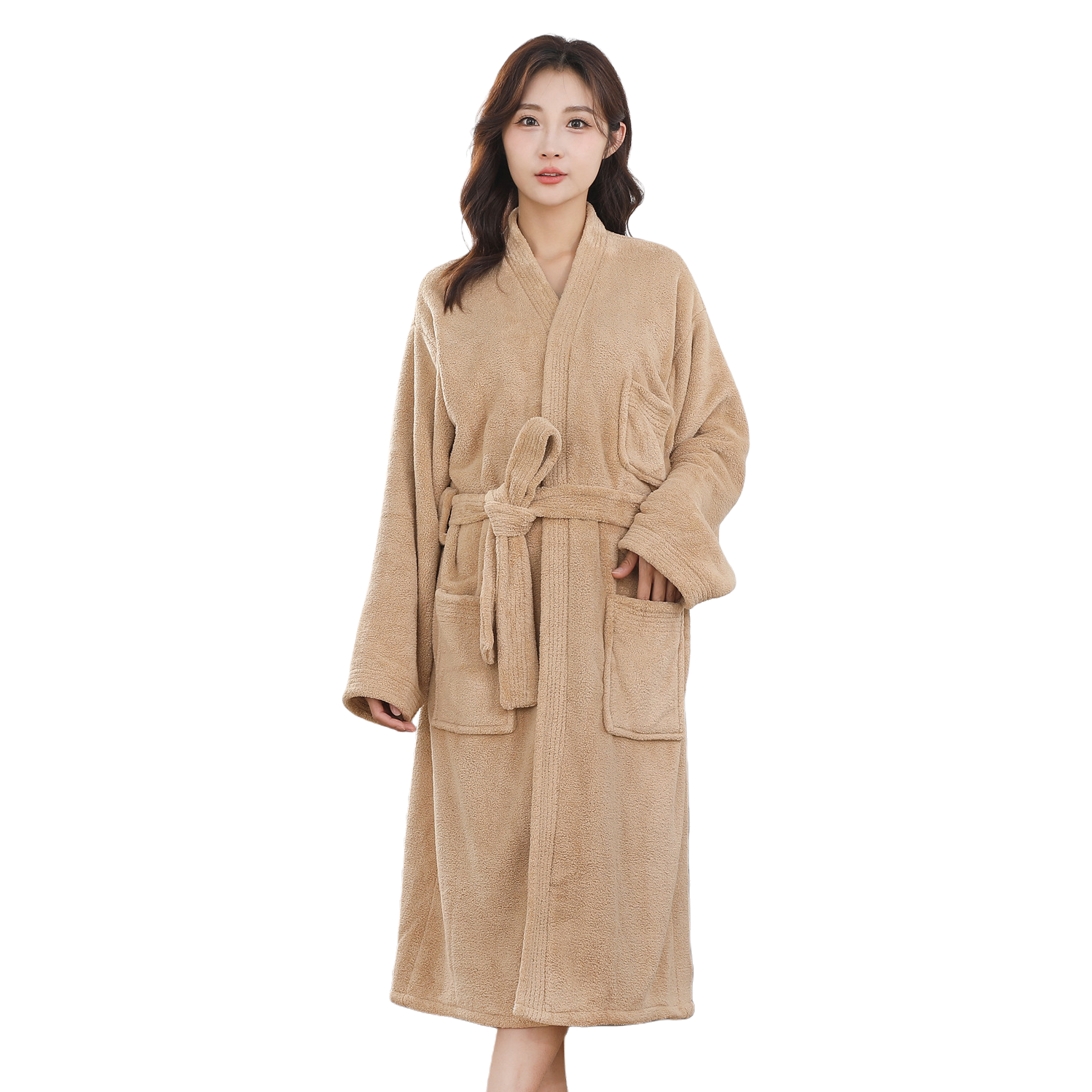 Model display of beige coral fleece women's bathrobes, moxibustion suits, warm and comfortable home wear for autumn and winter Item Picture