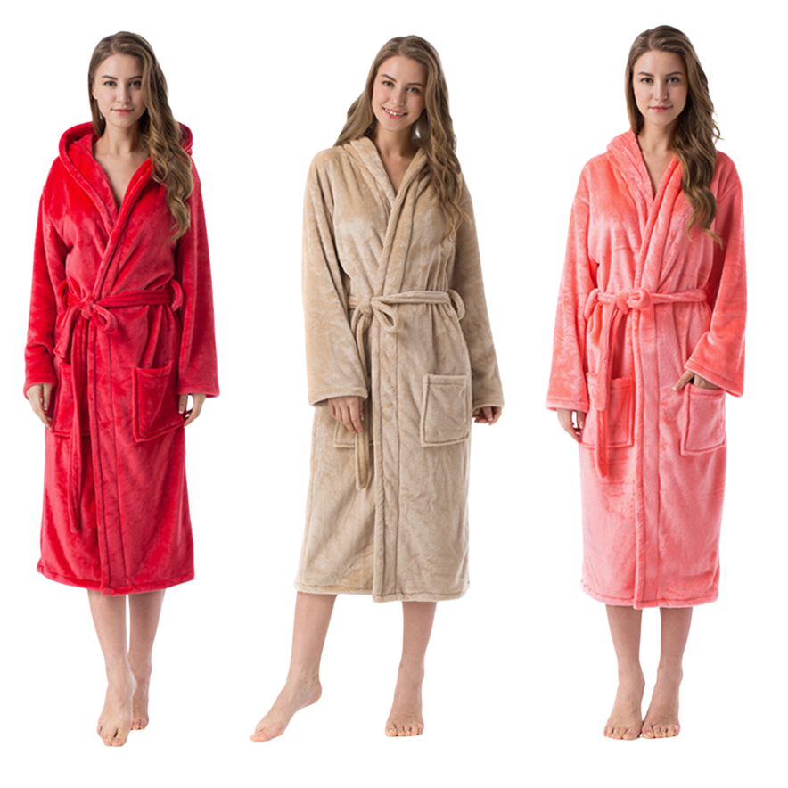 The long red bathrobe for women is soft and warm, suitable for winter moxibustion. The beige and pink casual bathrobe for women and home wear Item Picture