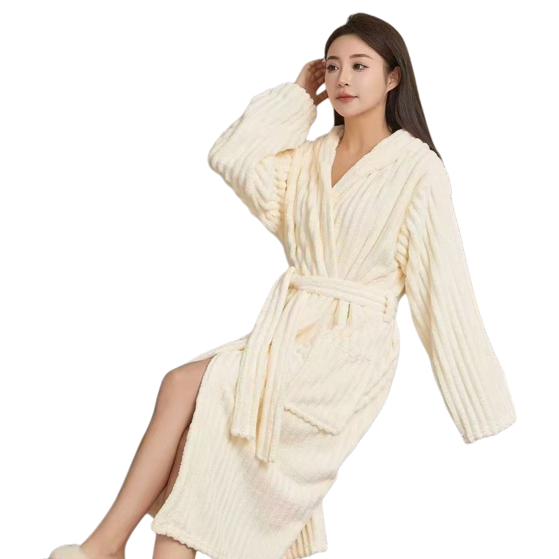 Beige coral velvet women's bathrobes, moxibustion suits, warm and comfortable home wear, bathrobes for autumn and winter Item Picture