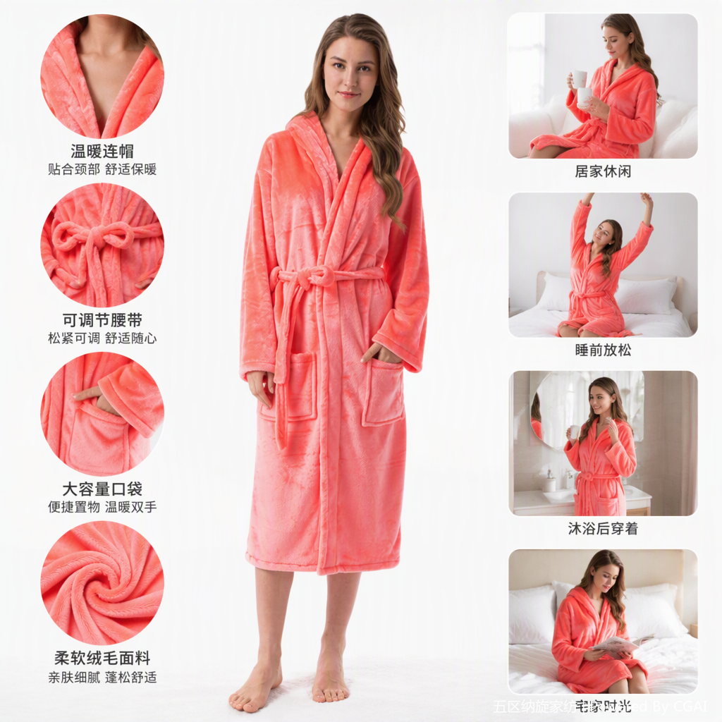The long red bathrobe for women is soft and warm, suitable for winter moxibustion. The beige and pink casual bathrobe for women and home wear