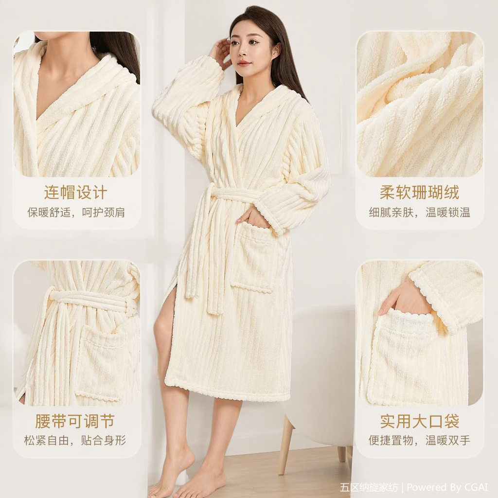 Beige coral velvet women's bathrobes, moxibustion suits, warm and comfortable home wear, bathrobes for autumn and winter