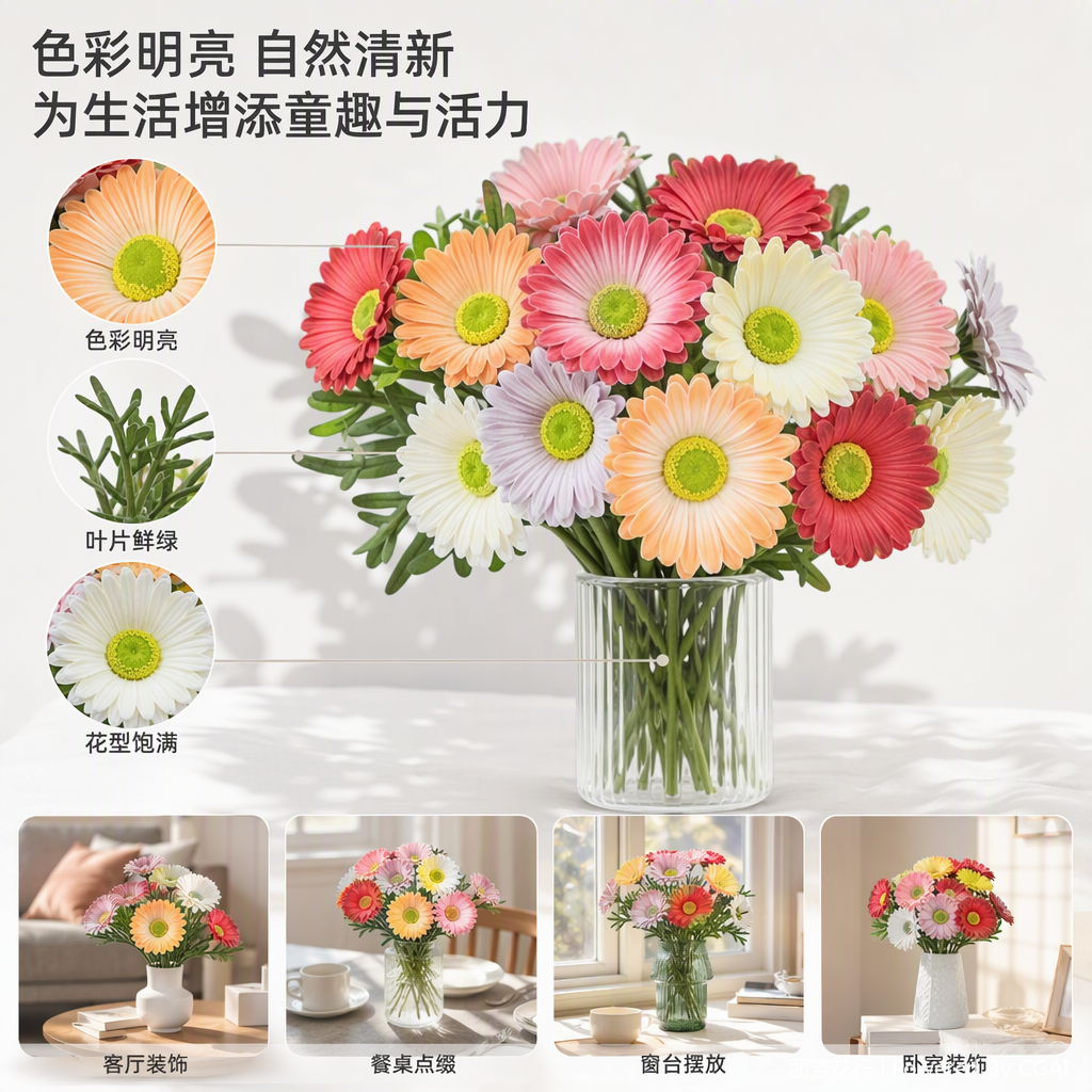 多彩仿真雏菊花束室内装饰鲜花摆件婚礼婚庆节日礼物花艺用品仿真花