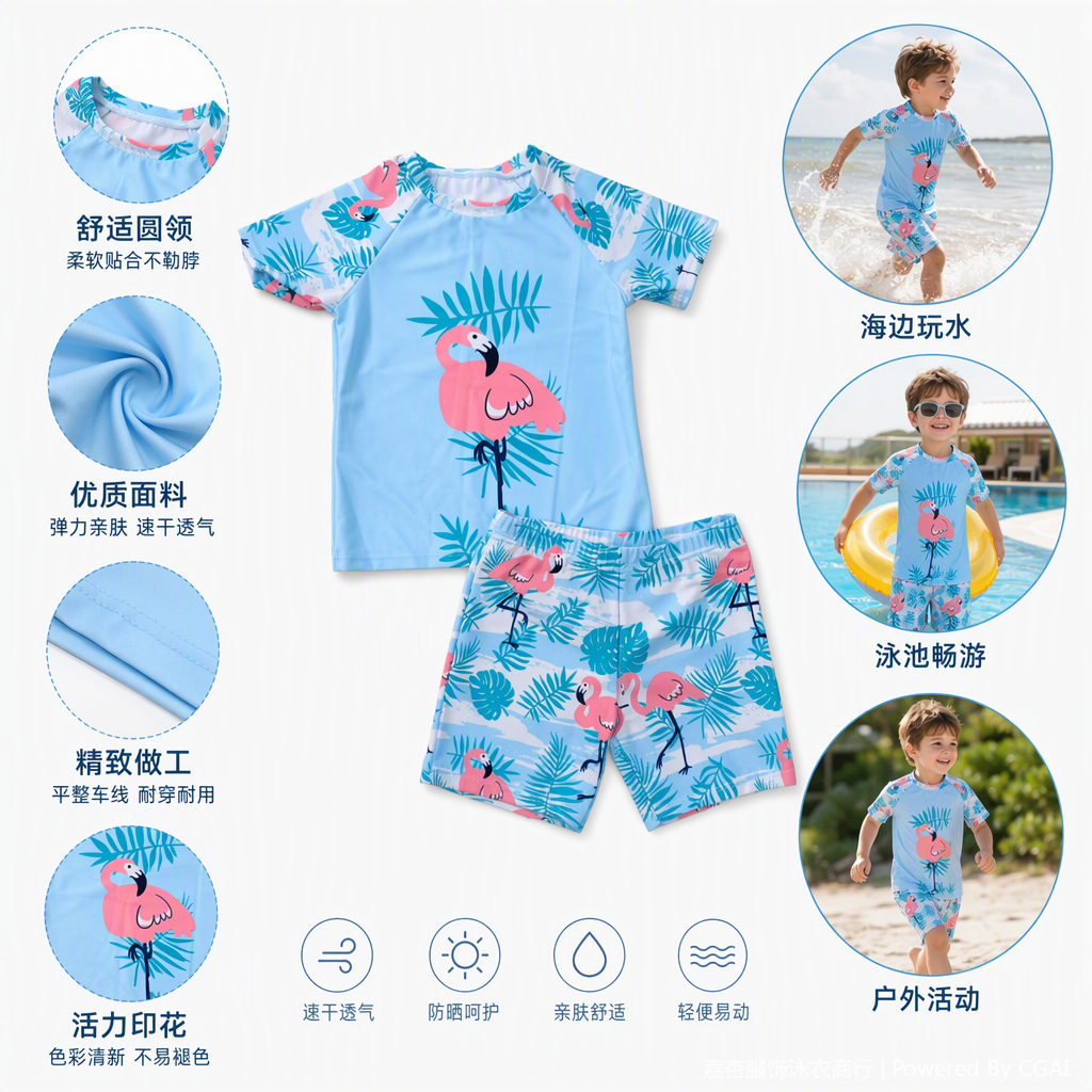 儿童分体泳衣粉色火烈鸟热带叶图案宝宝夏季防晒游泳服女童款休闲时尚