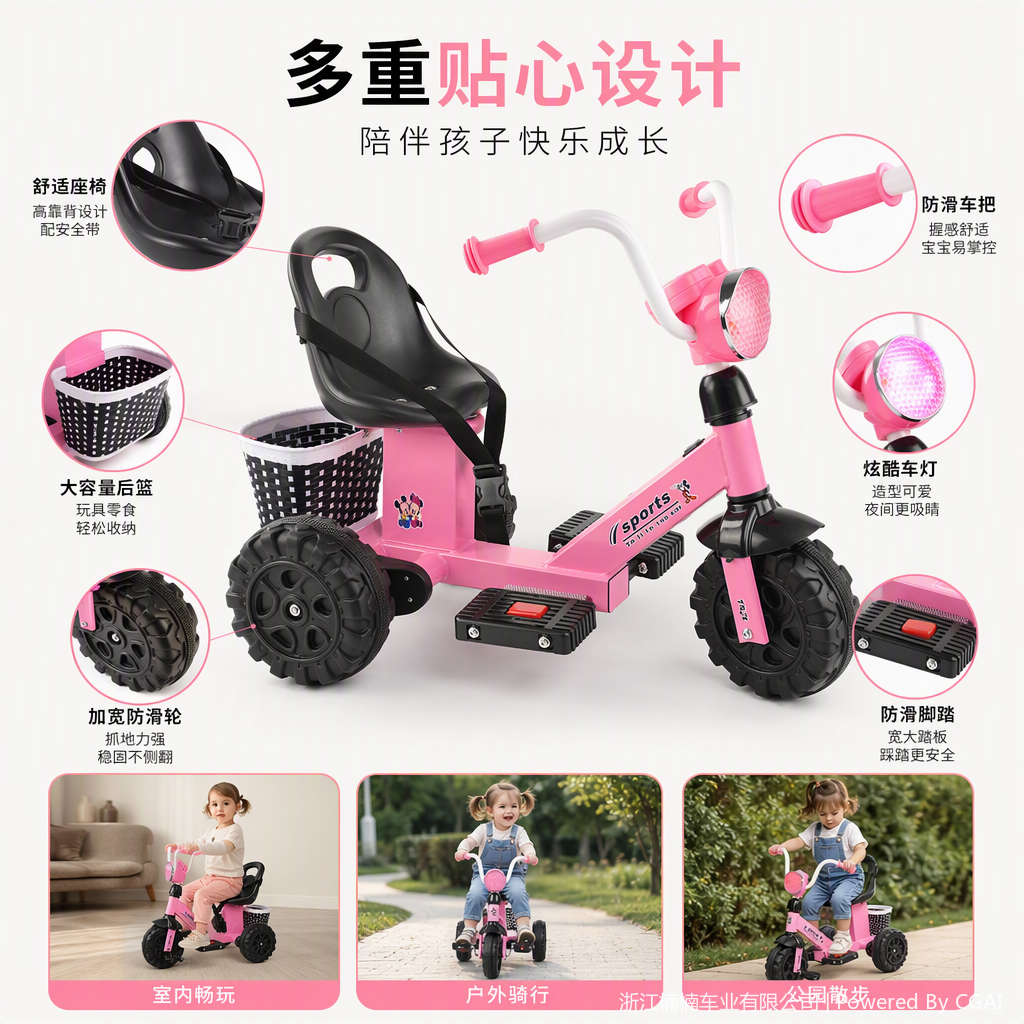 儿童三轮车多功能童车宝宝座椅可调节带背带安全稳固适合学步幼儿户外玩耍