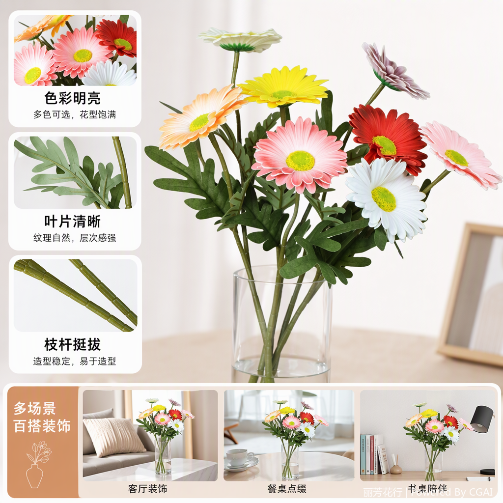 PU新款扶郎菊人造花束清新百搭插花装饰家居办公桌摆件礼品赠品干花干花