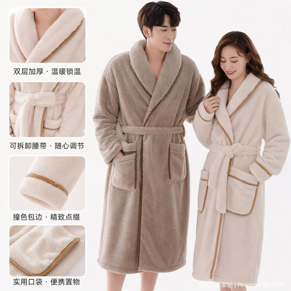 Beige plush bathrobes for men and women model children's cotton winter pajamas and bathrobes set warm and cozy casual home wear