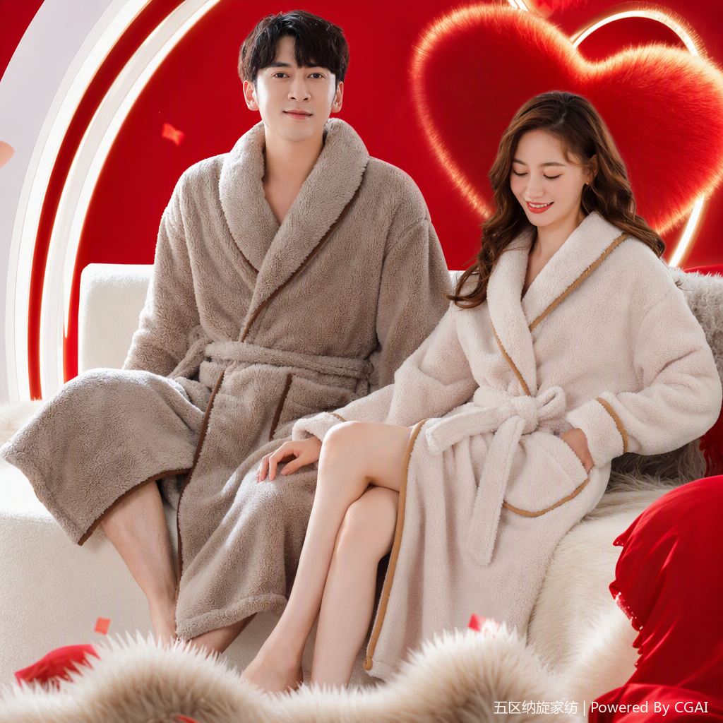 Beige plush bathrobes for men and women model children's cotton winter pajamas and bathrobes set warm and cozy casual home wear Specification image