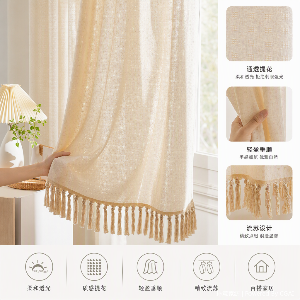 Beige calado jacquard flecos tela cortina cortina cortina insonorizada pantalla blackout hebilla de cortina artículos de decoración diseño único