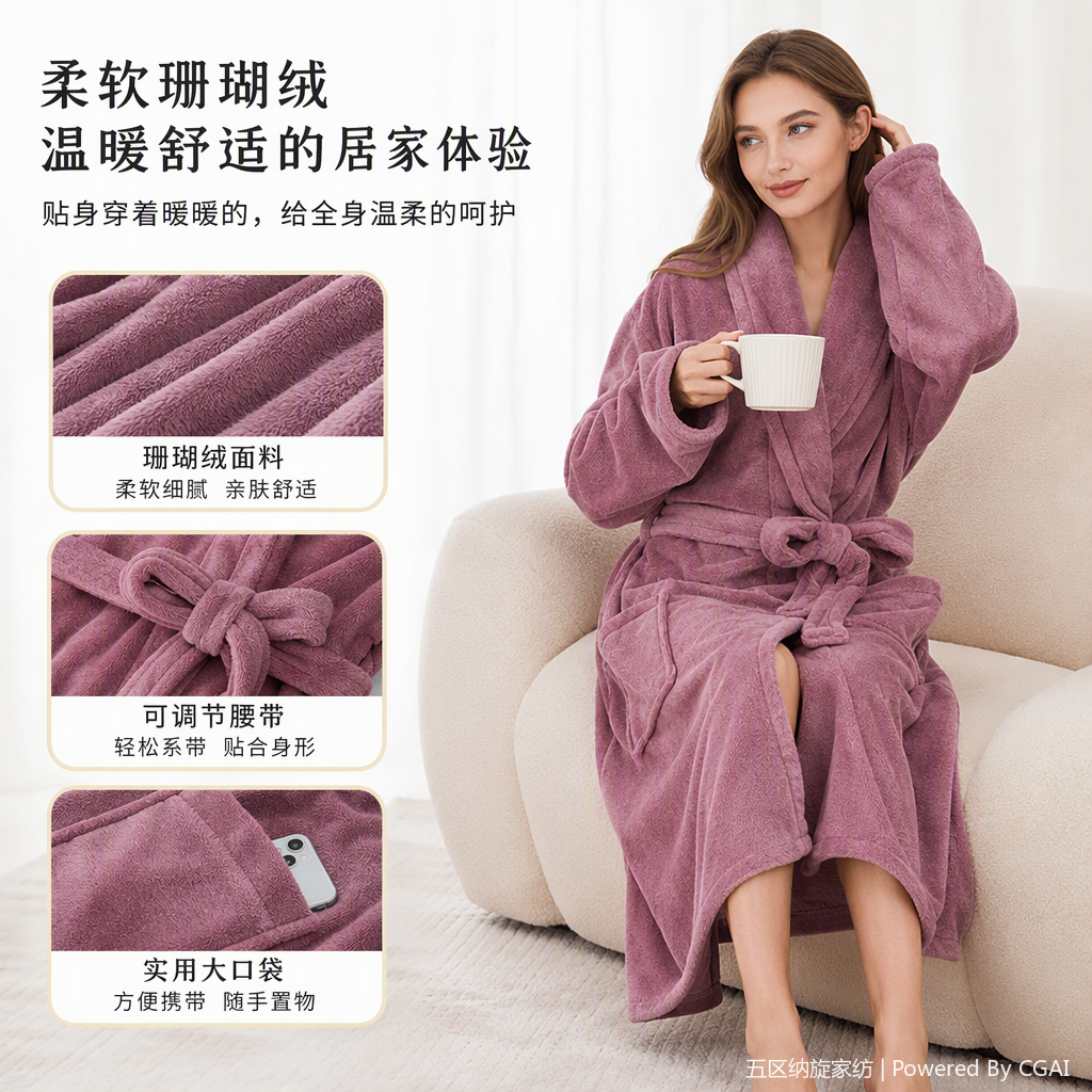 Coral fleece plain large-sized bathrobe for women, moxibustion, warm and comfortable home wear, bathrobe for autumn and winter