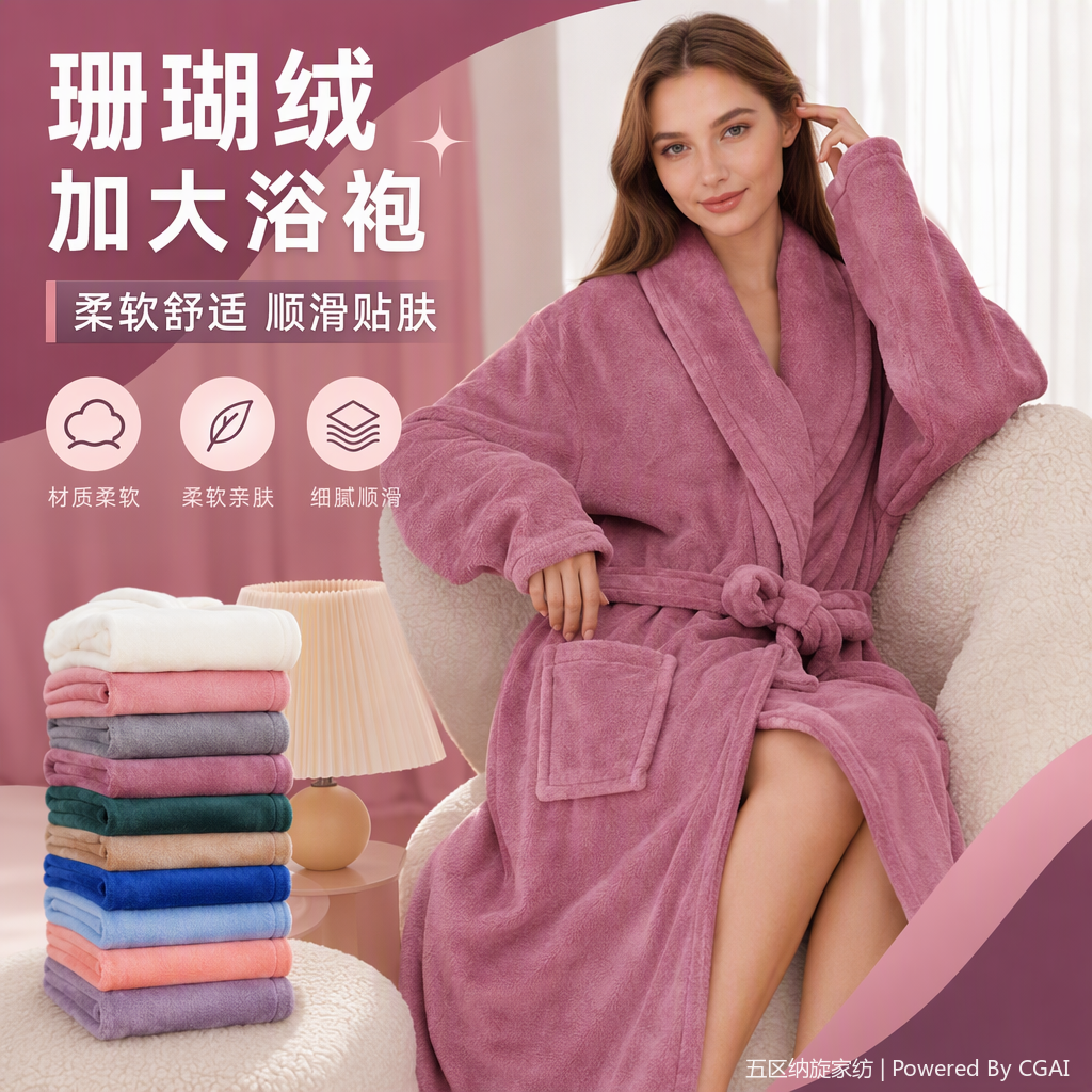 Coral fleece plain large-sized bathrobe for women, moxibustion, warm and comfortable home wear, bathrobe for autumn and winter Specification image
