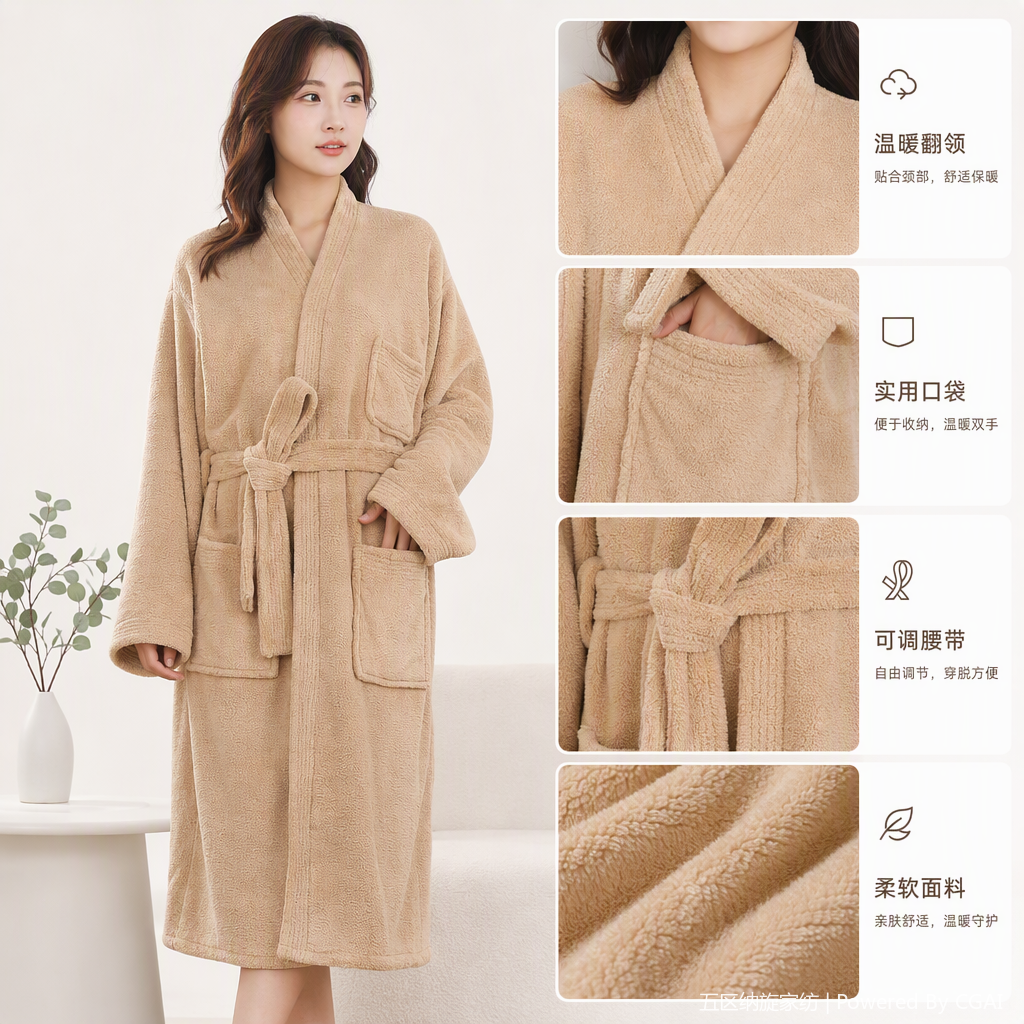 Model display of beige coral fleece women's bathrobes, moxibustion suits, warm and comfortable home wear for autumn and winter