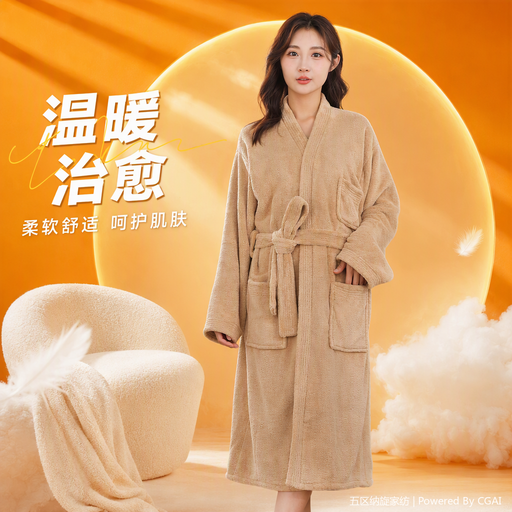 Model display of beige coral fleece women's bathrobes, moxibustion suits, warm and comfortable home wear for autumn and winter Specification image