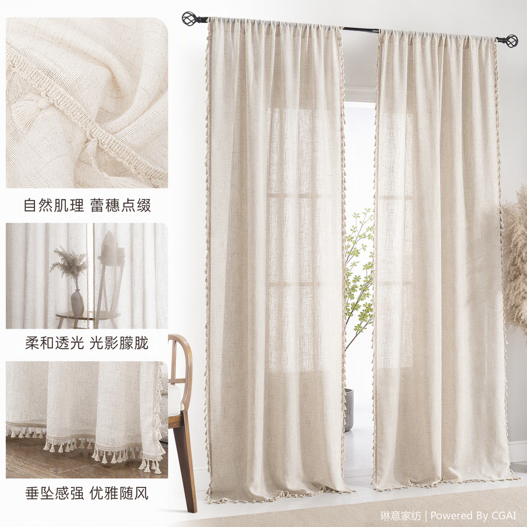 Lino blanco casero texturizado con flecos cortina de tela cortina blackout insonorizada cortina de pantalla hebilla inicio productos