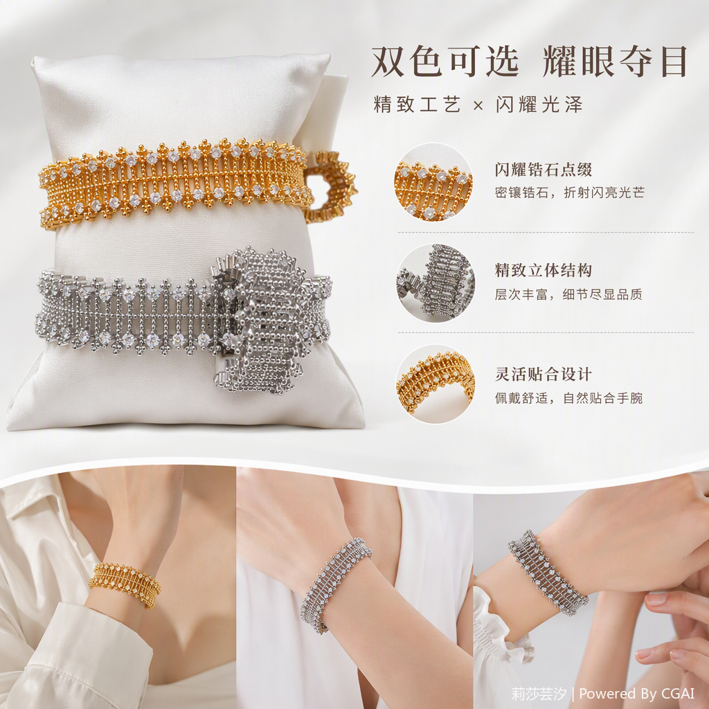 时尚金银镶钻网格手镯套装简约百搭女士手链饰品礼盒装