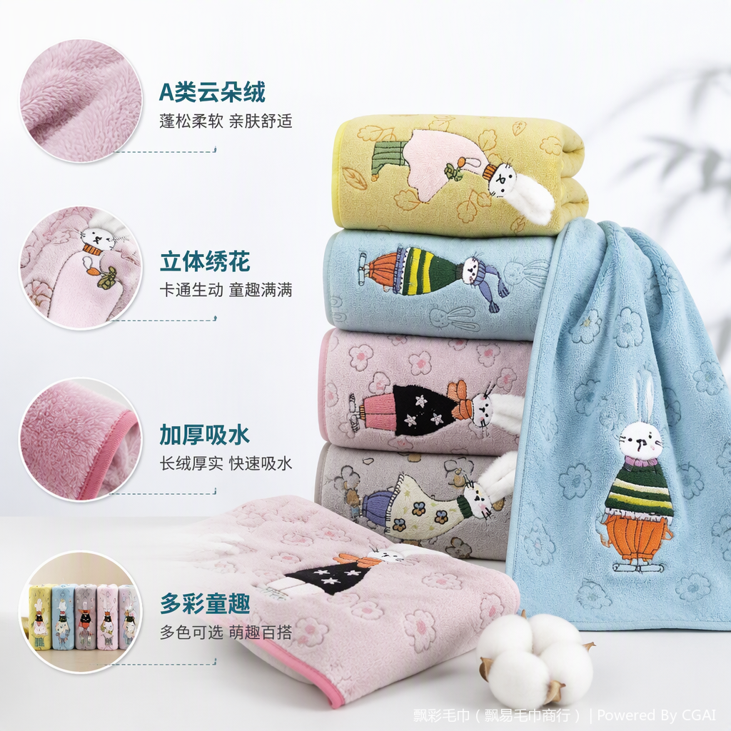 Cute cartoon rabbit pattern soft towel, home bath towel, baby face towel, children's absorbent towel, multiple colors to choose from