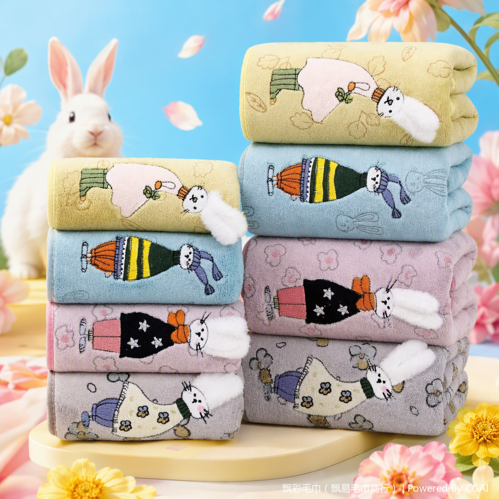 Cute cartoon rabbit pattern soft towel, home bath towel, baby face towel, children's absorbent towel, multiple colors to choose from Specification image