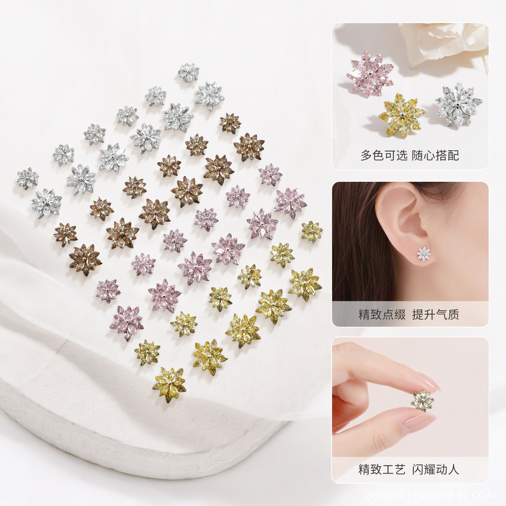 闪耀雪花造型双层美甲锆石堆钻亮片装饰指甲贴片美甲配件