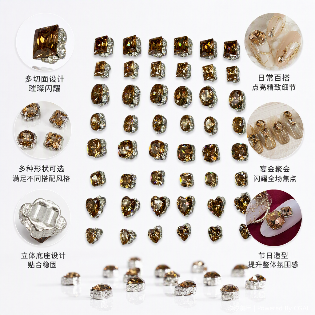 多款棕色系锆石耳钉方形圆形心形椭圆形网格背景时尚简约耳饰女款
