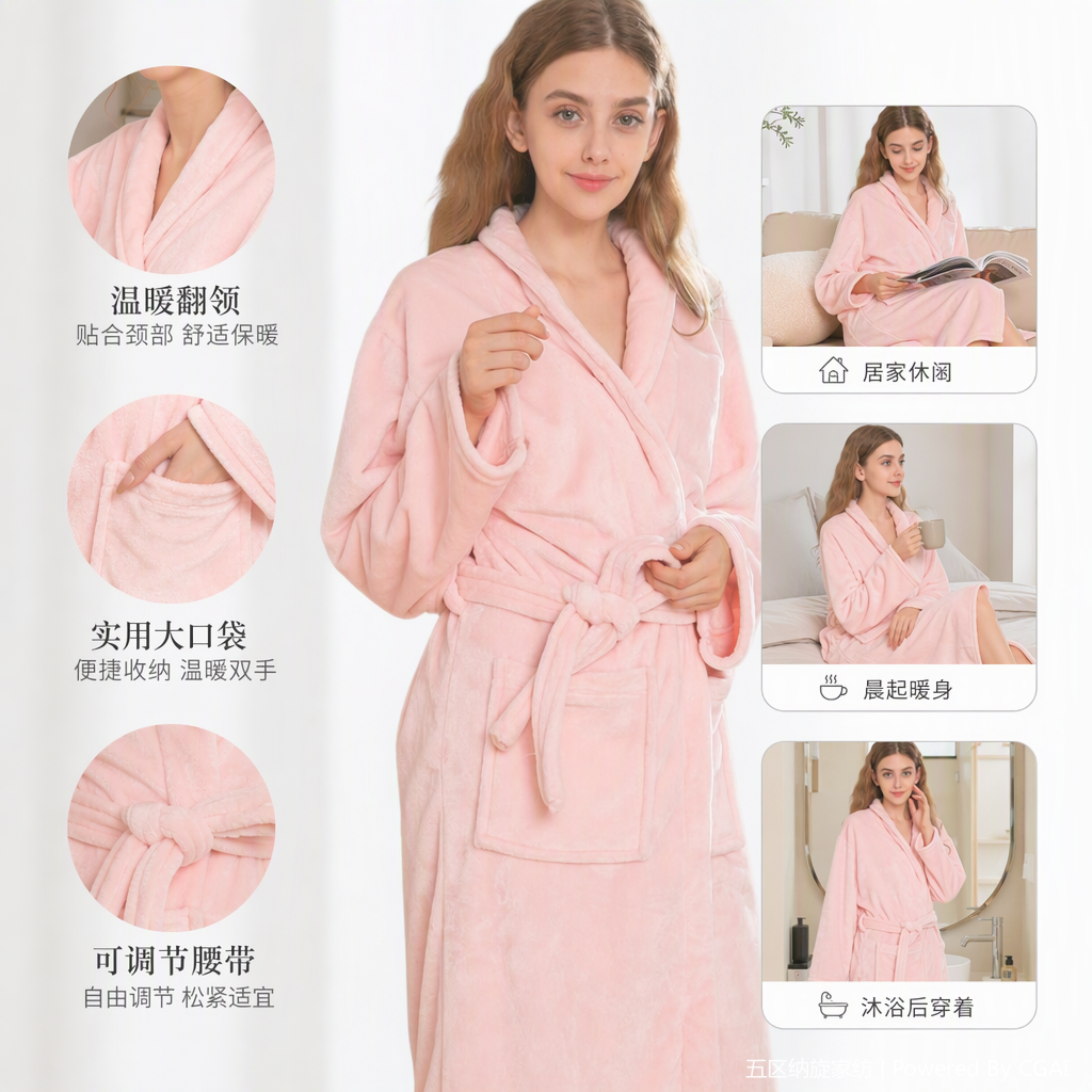 Pink ladies' bathrobes, thick and warm, children's cotton pajamas, winter home wear, soft and comfortable, with a variety of styles