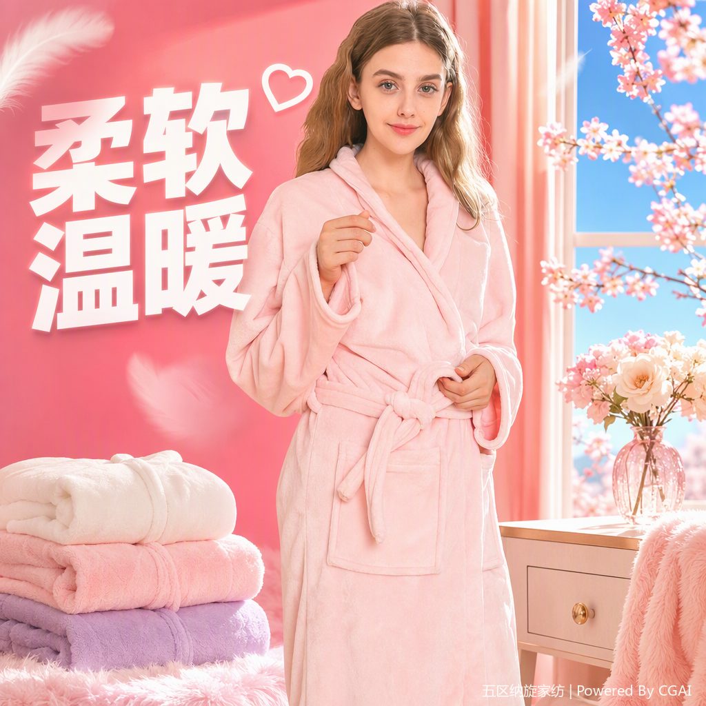 Pink ladies' bathrobes, thick and warm, children's cotton pajamas, winter home wear, soft and comfortable, with a variety of styles Specification image