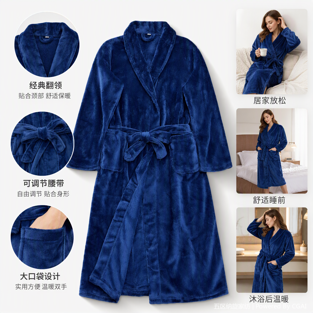 The deep blue suede bathrobe and moxibustion suit is warm and comfortable. It is suitable for both men and women and is soft and breathable