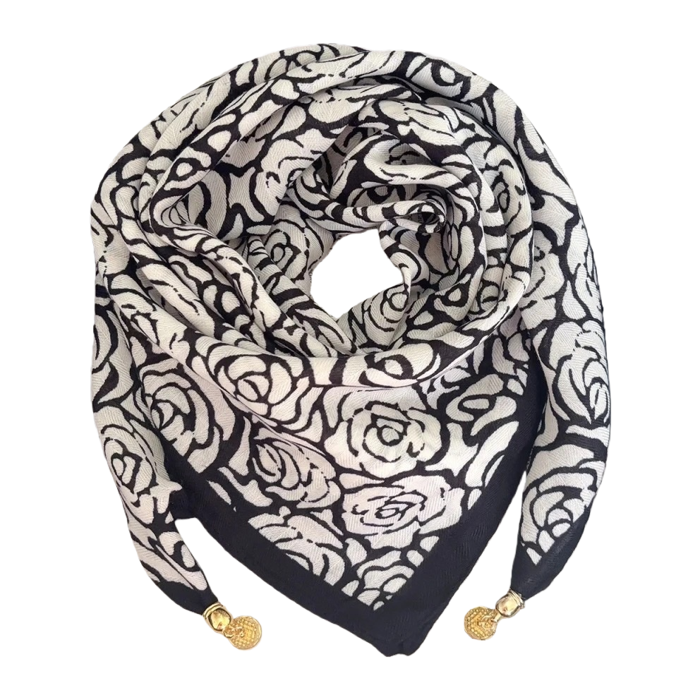 Blanco y negro rosa estampado pañuelo versátil elegante primavera verano mujer bufanda chal regalo dar tendencia de la moda Item Picture