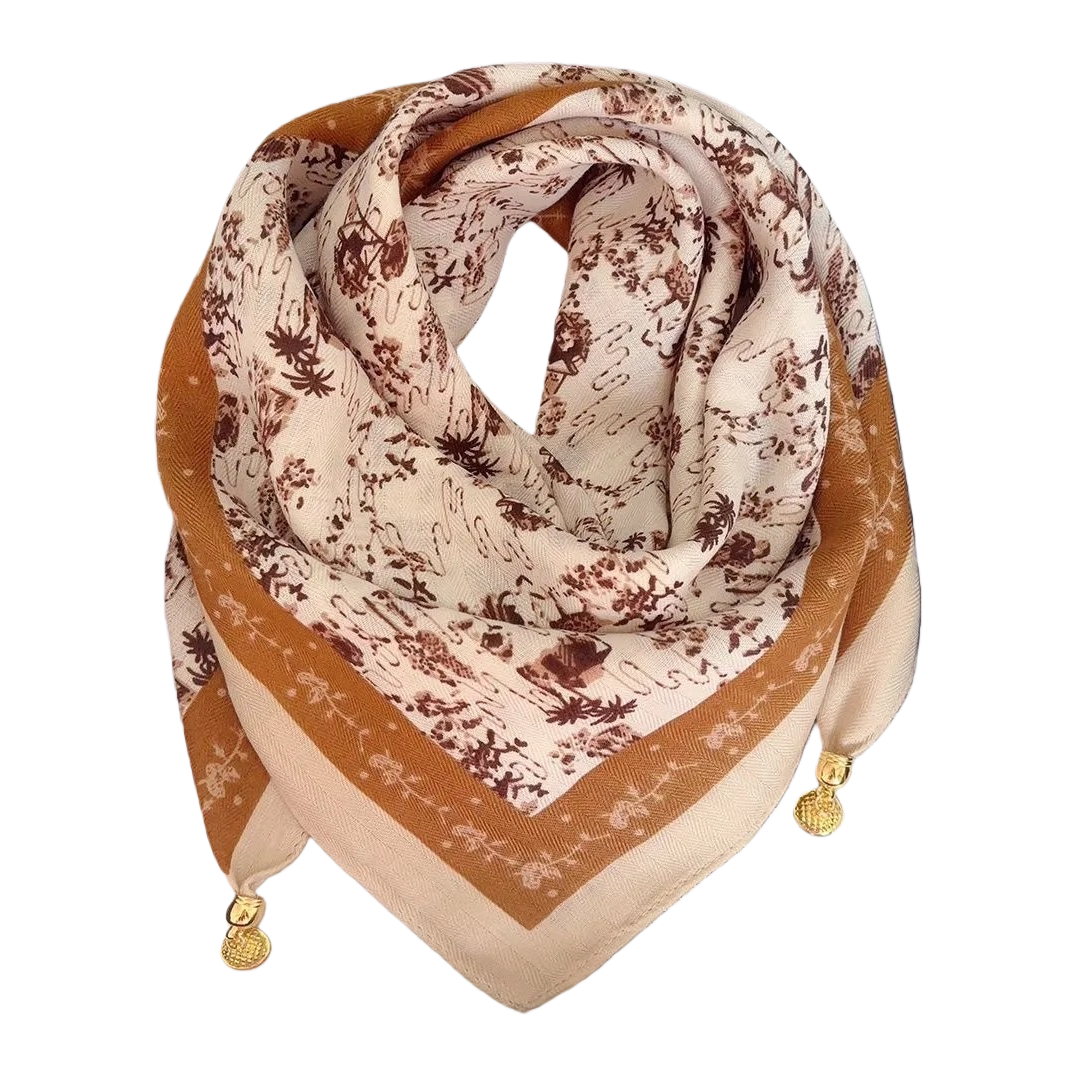 Beige marrón estampado cuadrado pañuelo con flecos dorados decoración elegante versátil moda mujer chal accesorios Item Picture