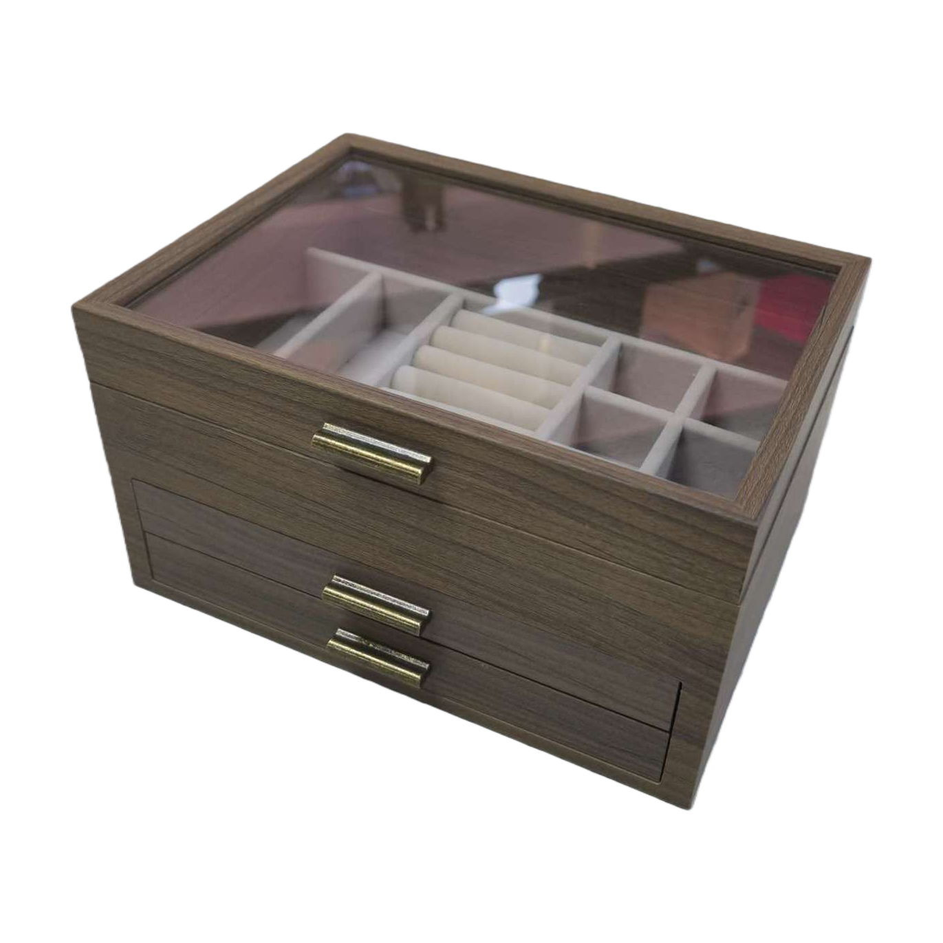 Dark brown wooden jewelry storage box with glass cover, double drawer organization box, fashionable and simple storage box, home decoration storage cabinet Item Picture