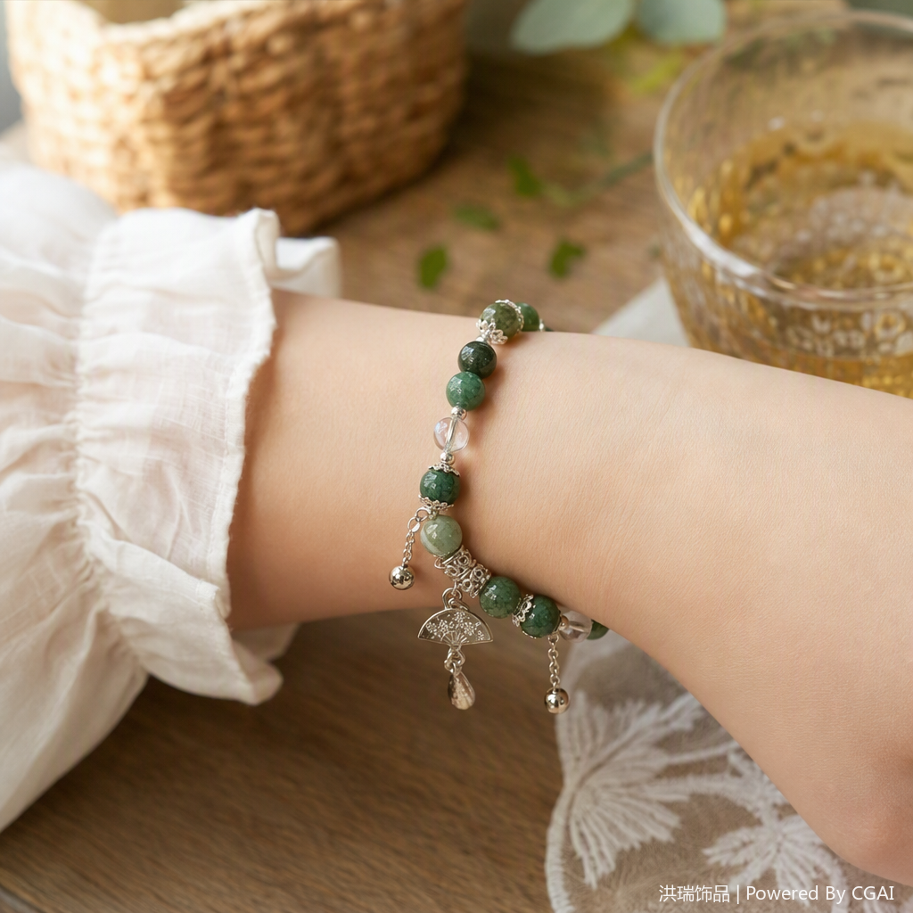 Natural cracked agate bead silver jewelry fan-shaped pendant bracelet, fashionable, retro and simple women's gift details Picture