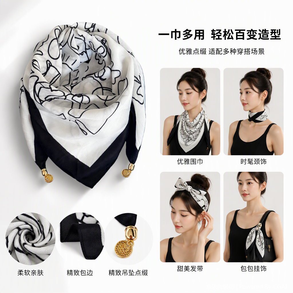 This stylish and versatile black and white striped pattern silk scarf is soft, light and versatile, and can be matched with various women's scarves as a gift