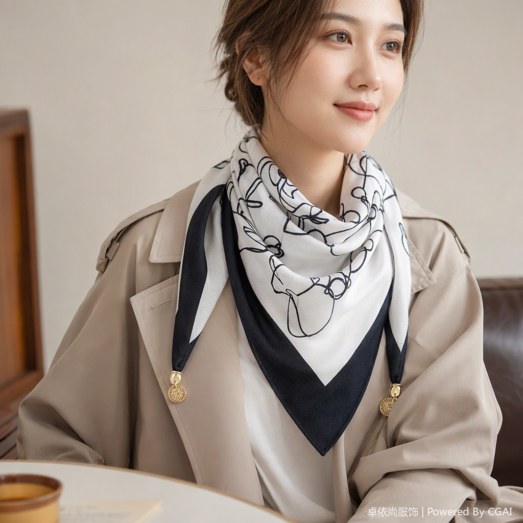 This stylish and versatile black and white striped pattern silk scarf is soft, light and versatile, and can be matched with various women's scarves as a gift details Picture
