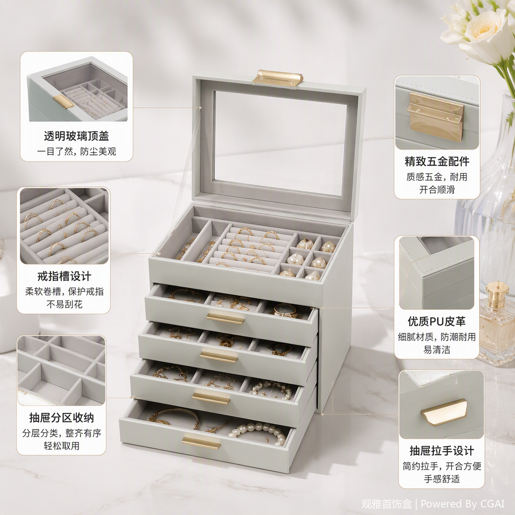 Multi-layer drawer-style glass lid jewelry storage box, white simple and fashionable organizing box, storage box and accessory box
