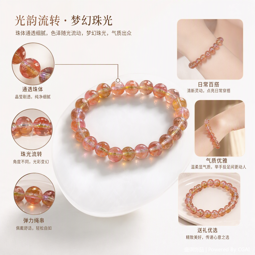彩色渐变橙粉透明珠串手链时尚百搭手饰女款简约潮流礼物