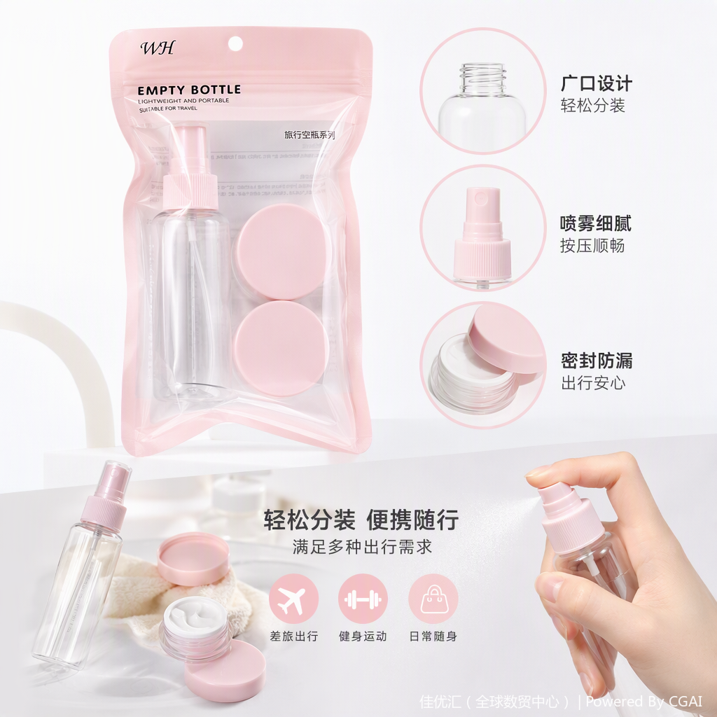 Portable transparent portioning bottle set with pink, white and blue caps, a must-have multi-functional empty bottle set for travel