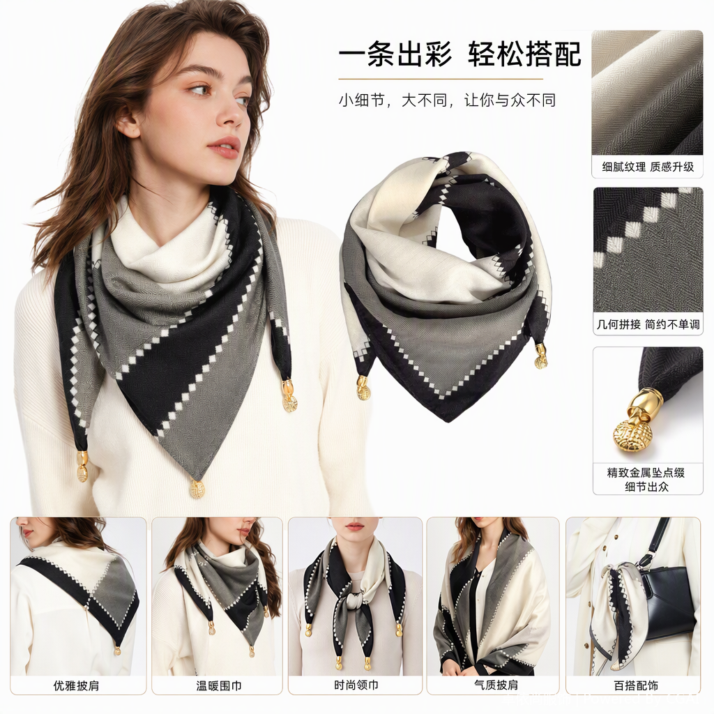 The fashionable geometric pattern silk scarf in black, white and grey is versatile and elegant. The new spring and summer women's shawl scarf is trendy and versatile