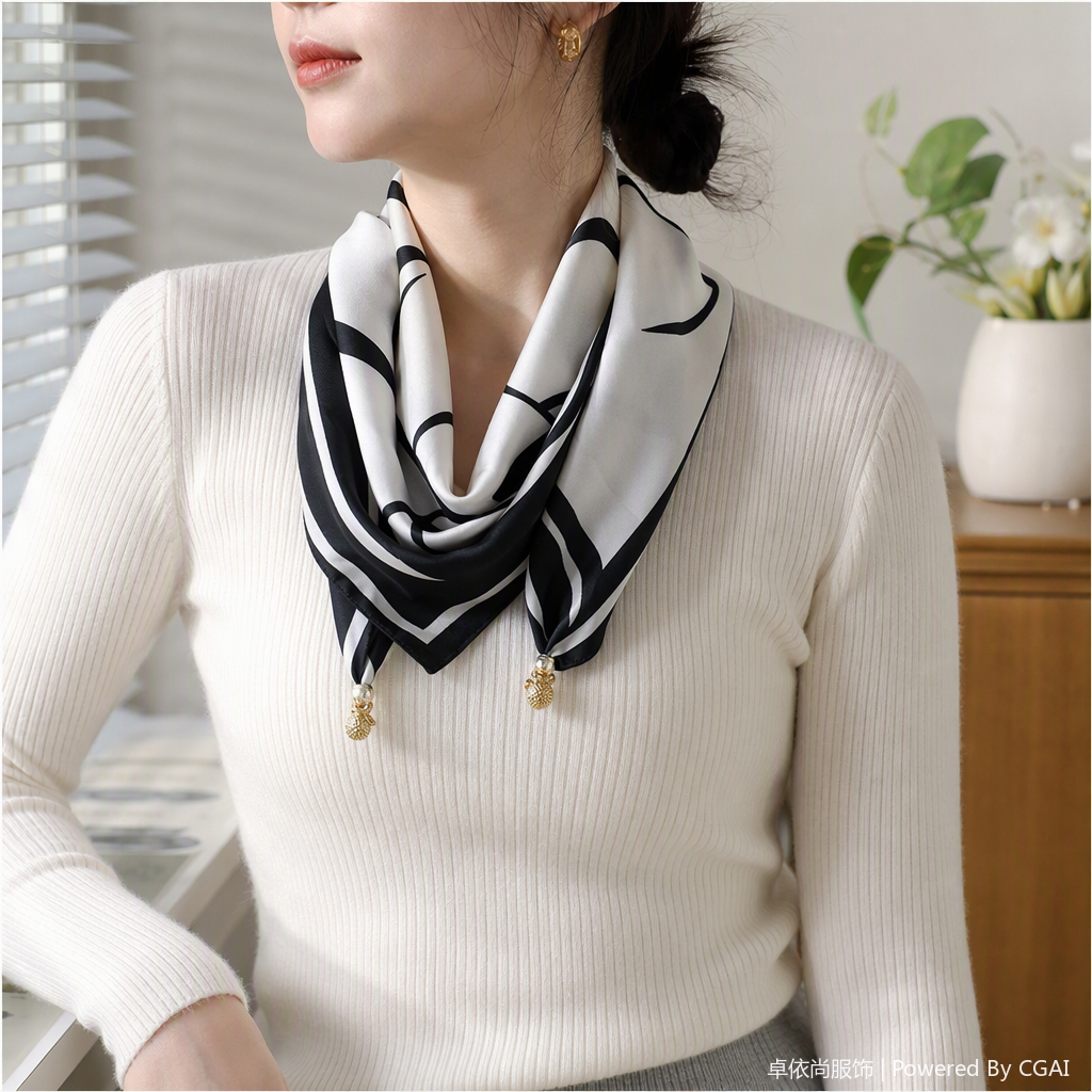 Moda versátil blanco y negro rayas patrón pañuelo suave ligero elegante mujer accesorios primavera verano details Picture