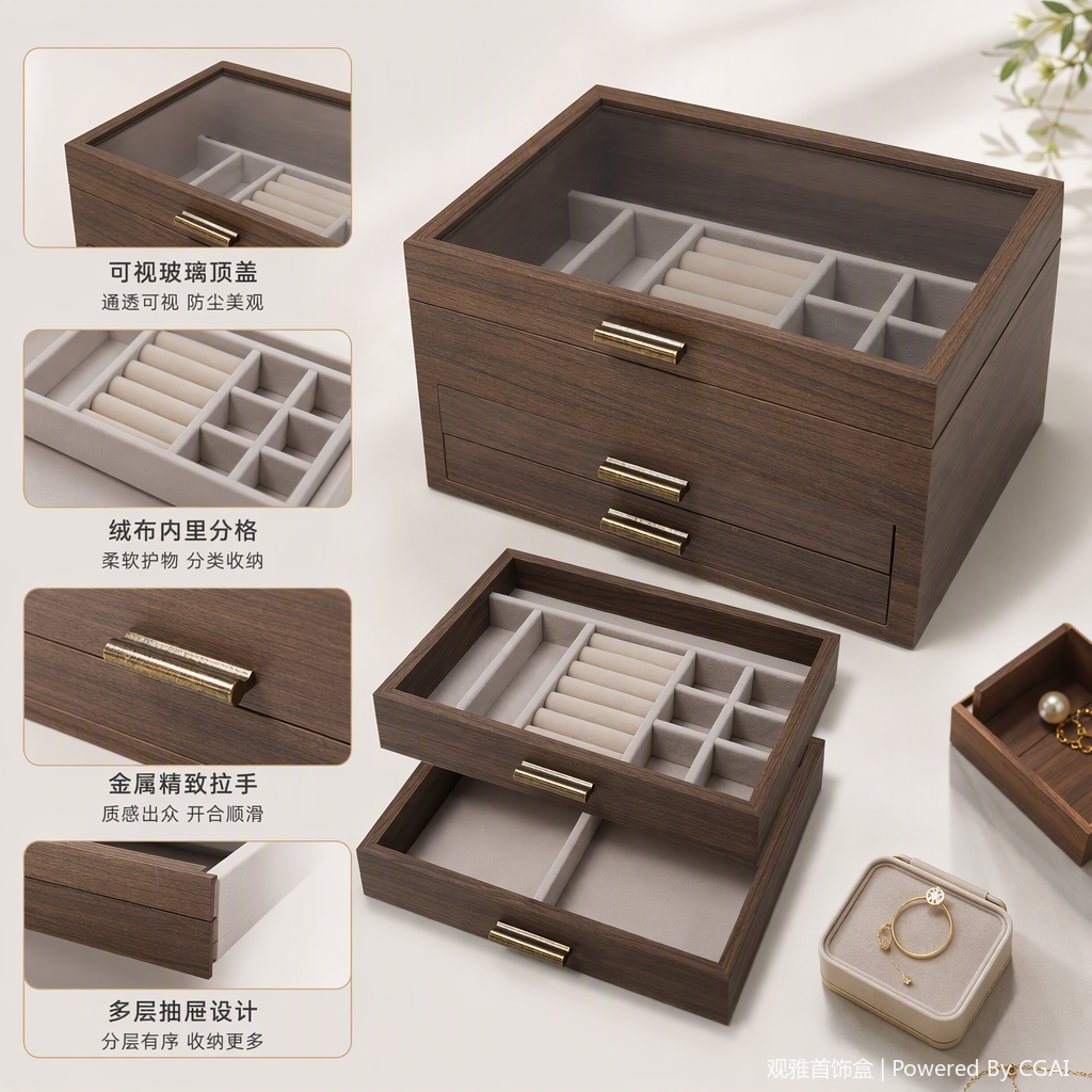 Dark brown wooden jewelry storage box with glass cover, double drawer organization box, fashionable and simple storage box, home decoration storage cabinet