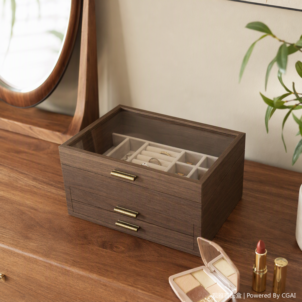 Dark brown wooden jewelry storage box with glass cover, double drawer organization box, fashionable and simple storage box, home decoration storage cabinet details Picture